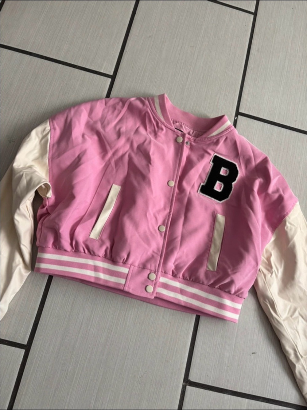 Love Tree Pink & Cream Bomber Varsity Jacket with B Patch